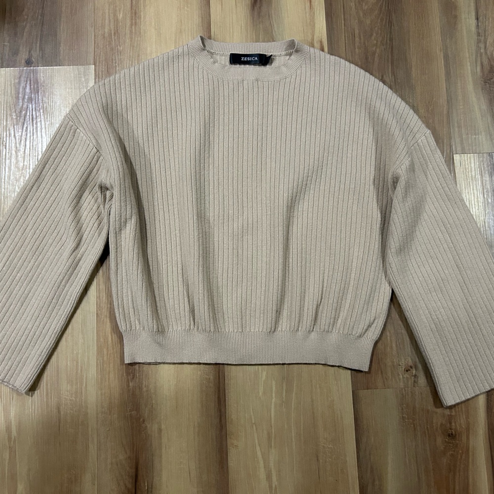 Zesica Beige Ribbed Women's Sweater classic boho cottagecore